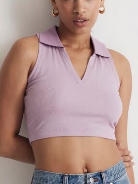 NWT MADEWELL MWL CROPPED RIBBED POLO TOP IN LILAC PINK M